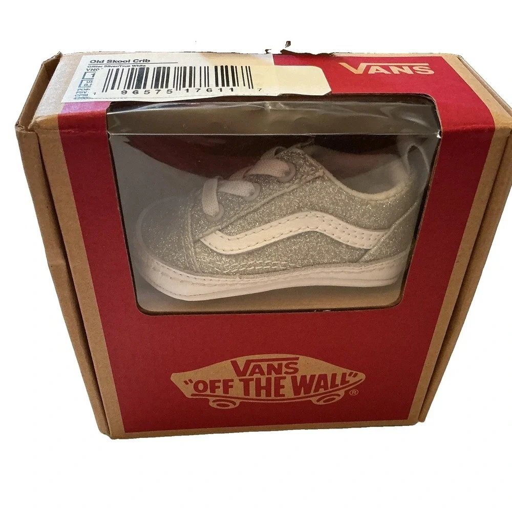 VANS Old Skool Crib Baby Shoes - Size 1 - Glitter Silver/True White